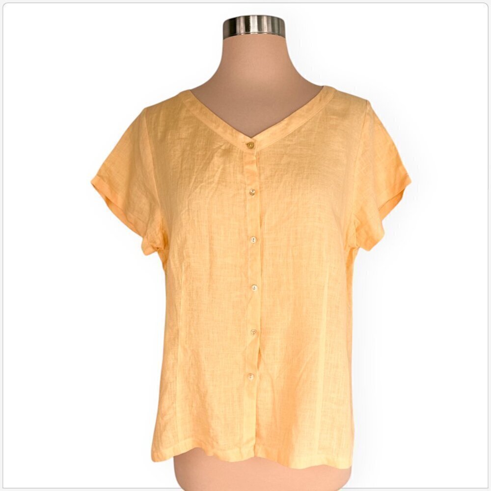 Eileen Fisher Orange Sherbert Pastel Irish Linen Button Front Short Sleeve Top M